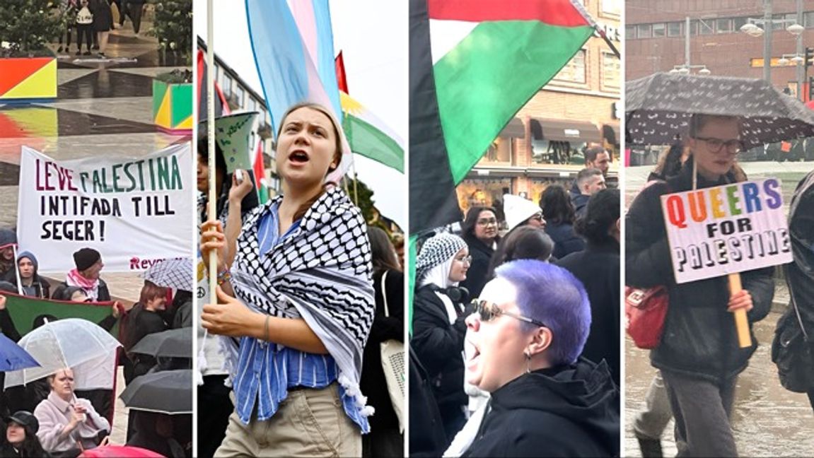 Slagord om ”global intifada” och ”Free, free Palestine” har vrålats på svenska gator sedan Hamas terrorattack. Foto: Anders Wiklund/TT/Pelle Zackrisson