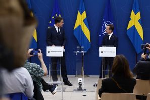 Statsminister Ulf Kristersson och Natos generalsekreterare Mark Rutte under pressträff i Rosenbad tidigare i juni. Foto: Stefan Jerrevång/TT