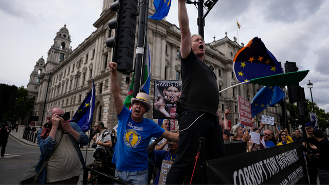 Brexit-motståndaren Steve Bray (i blå t-shirt) och andra demonstranter protesterar utanför brittiska parlamentet i London. Foto: Matt Dunham/AP/TT