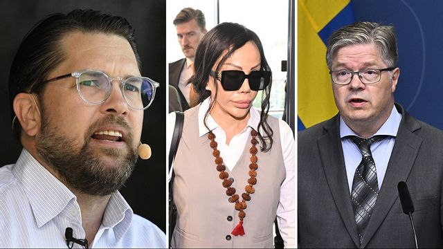 Den åtalade Bella Nilsson (mitten), eller Fariba Vancor som hon nu heter, har bytt namn 16 gånger. Sverigedemokraterna och Kristdemokraterna vill nu se en ändring på namnlagen. Till höger: riksdagsledamoten Larry Söder (KD). Foto: Johan Nilsson/Henrik Montgomery/Claudio Bresciani/TT