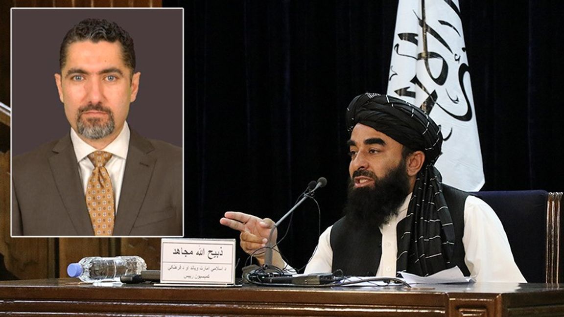 Dagens debattör Nima Rostami. Talibanernas talesperson Zabihullah Mujahid vid en presskonferens. Foto: Privat / Muhammad Farooq/AP/TT