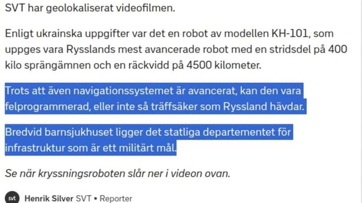 SVT lanserar alternativa teorier om varför barnsjukhuset anfölls. Foto: skärmdump