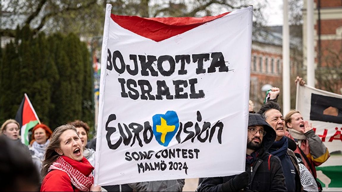 Demonstration mot Israels medverkan i Eurovision Song Contest utanför Stadshuset i Malmö i april. Foto: Johan Nilsson/TT
