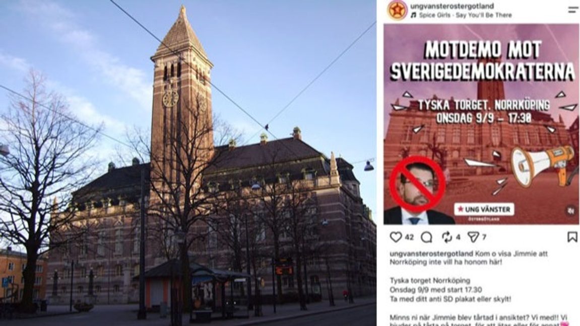 Norrköpings rådhus och det borttagna inlägget. Foto: Harri Blomberg/Instagram.