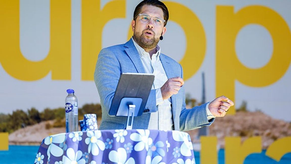 Jimmie Åkesson vårtalar innan EU-valet. Bild: Christine Olsson / TT