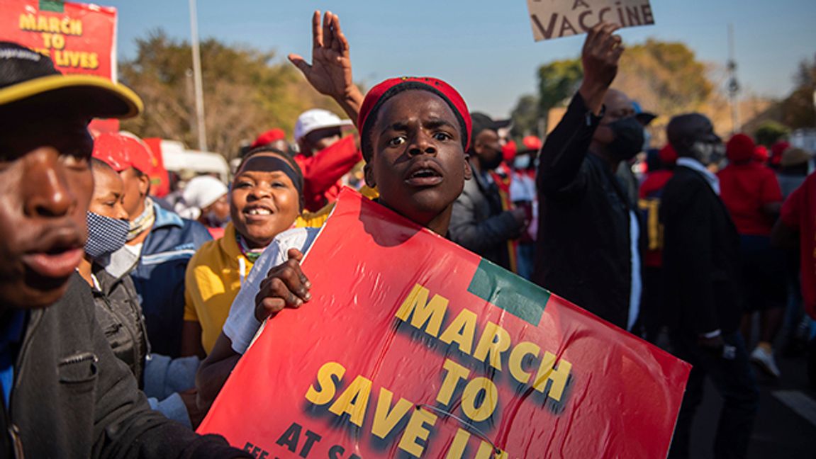 Members of the Economic Freedom Fighters stage a protest march in Pretoria, South Africa, Friday June 25, 2021, demanding that vaccines from China and Russia be included in the country’s vaccine rollout program. South Africa’s third wave of COVID-19 infections is overwhelming the health system in Gauteng, the country’s most populous province that is now running out of beds to treat patients. Photo: Let Pretorius/AP