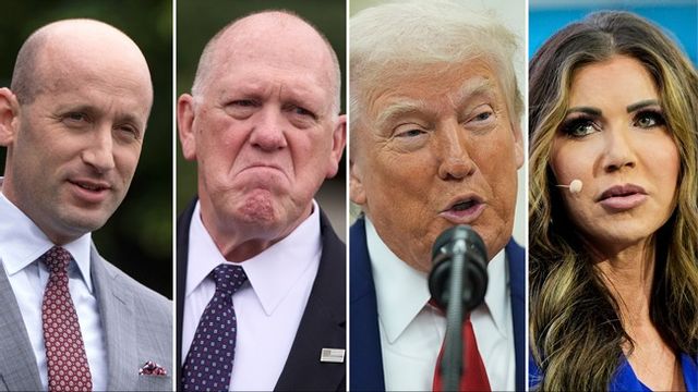 Stephen Miller, Tom Homan, Donald Trump och Kristi Noem. Foto: AP