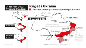 Områden under rysk kontroll/med rysk närvaro 24 februari 2022–14 augusti 2023. Foto: Johan Hallnäs/TT 