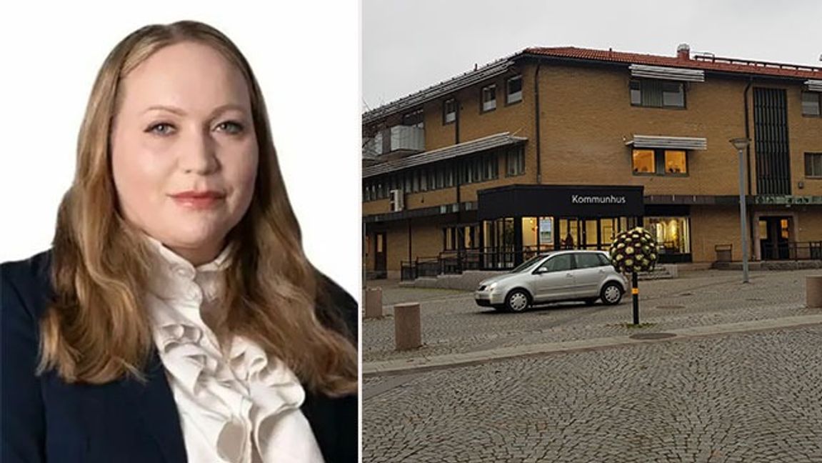 Stina Isaksson (SD) och kommunhuset i Hylte. Bild: Sverigedemokraterna Hylte/Bajenmonen/CC BY-SA 4.0