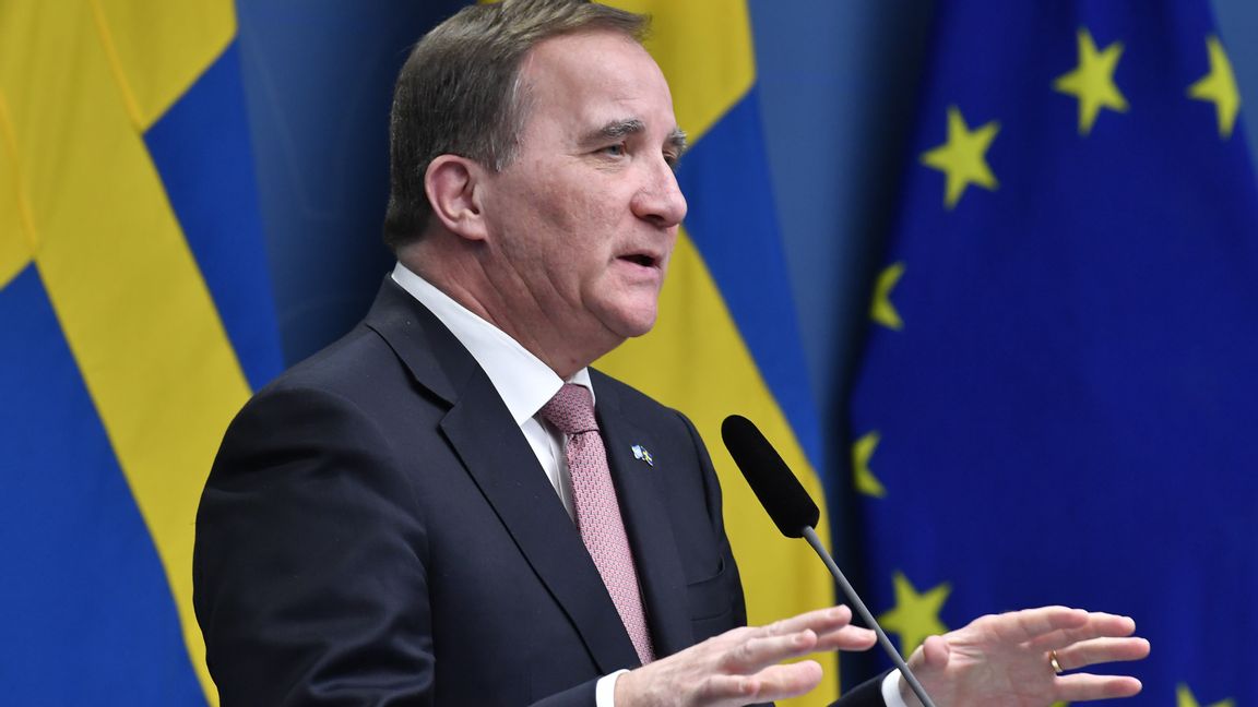 Statsminister Stefan Löfven under en digital pressträff under torsdagen. Socialdemokraternas ledare var flitigast förekommande i medier av partiledarna i slutet av fjolåret. Foto: Jessica Gow/TT