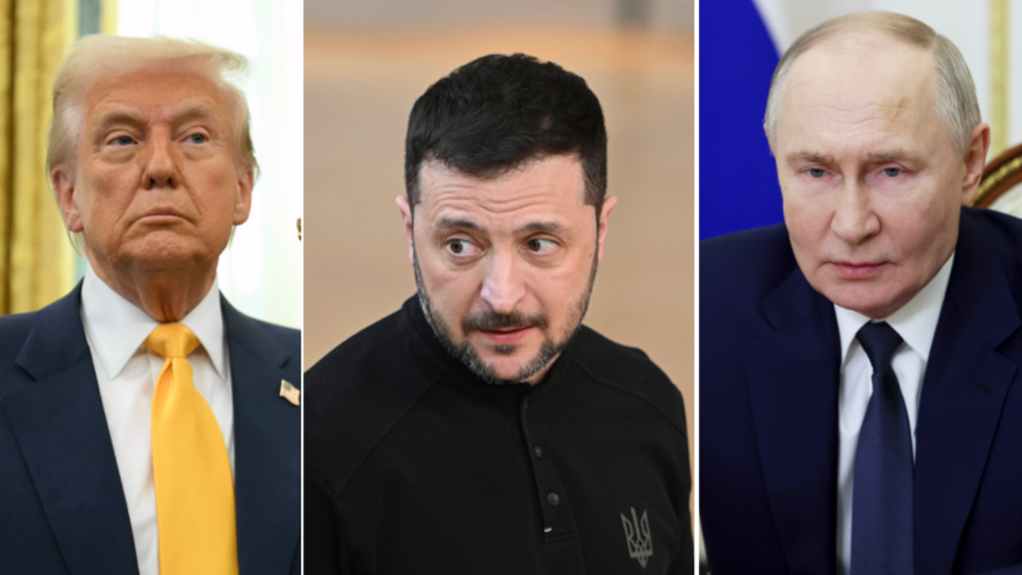 USA:s president Donald Trump (t.v), Ukrainas president Volodymyr Zelenskyj (i mitten) och Rysslands ledare Vladimir Putin (t.h). Efter mötet mellan USA och Ukraina i Saudiarabien där Ukraina gick med på ett eldupphör, riktas nu blickarna mot Ryssland. Foto: Harry Nakos/Mikhail Metzel/AP/TT