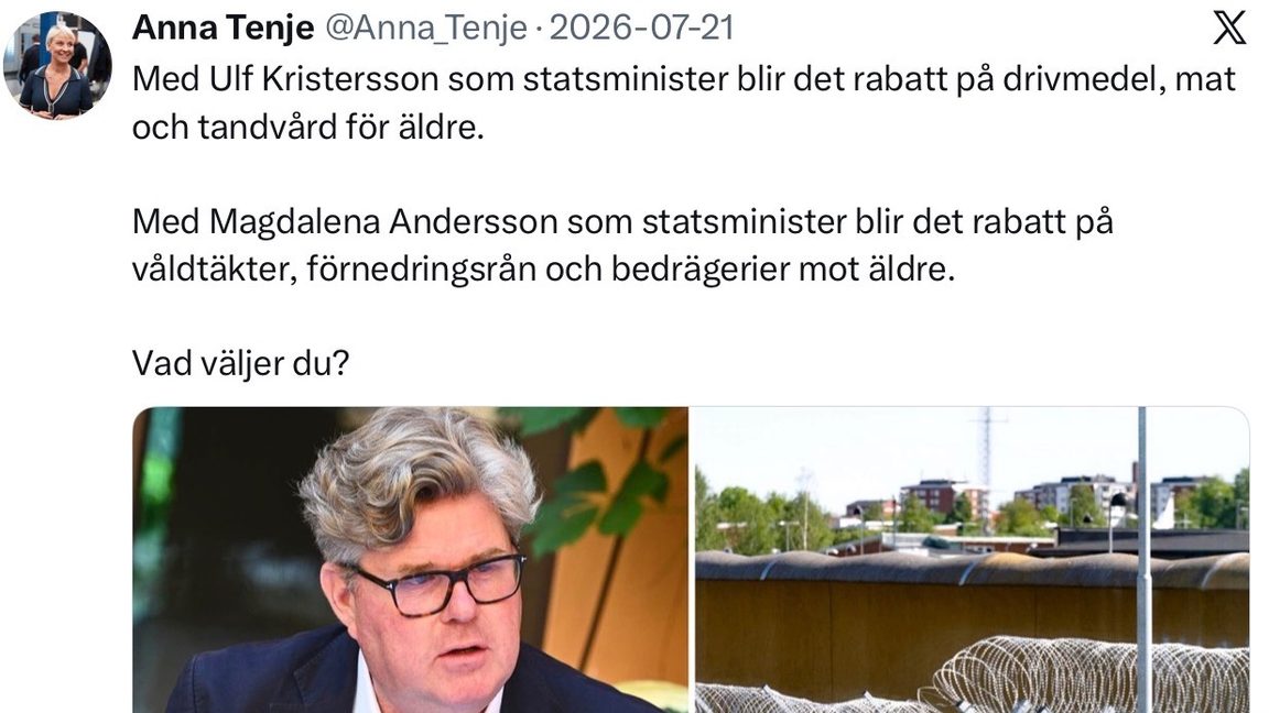 Tenje har rätt i både sak och ton. Det är upprörande att Socialdemokraterna inte stödjer förslaget. Bild: Skärmdump/X