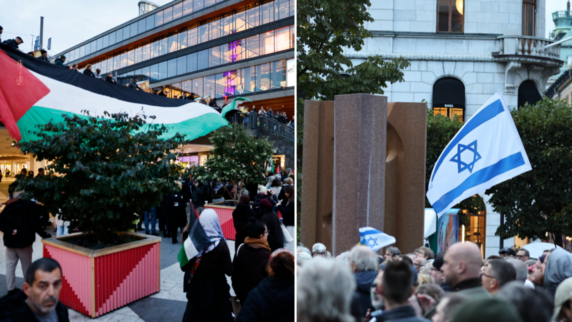 Palestinaaktivister på Sergels torg och MIFF-demonstration för Hamas gisslan på Norrmalmstorg kvällen den 7 oktober. Foto: Caisa Rasmussen/TT