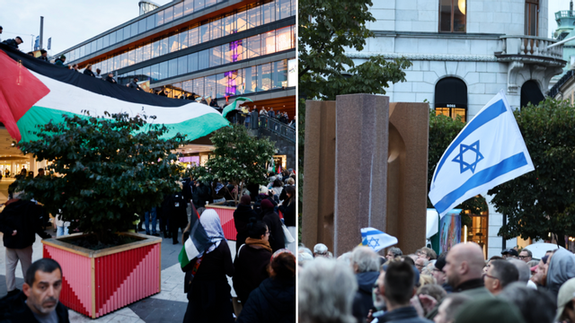 Palestinaaktivister på Sergels torg och MIFF-demonstration för Hamas gisslan på Norrmalmstorg kvällen den 7 oktober. Foto: Caisa Rasmussen/TT