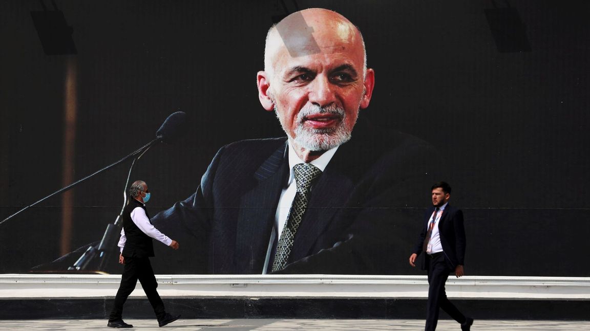 A mural of former Afghan president Ashraf Ghani at the airport named after his predecessor Hamid Karzai. In 2009 Dr Ghani co-authored a book entitled ”Fixing Failed States”, but he himself seems to have failed to learn the lessons outlined in his own book. Photo: Rahmat Gul/AP/TT