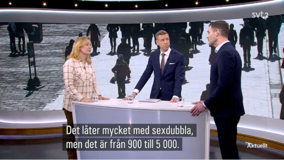 Elisabeth Thand Ringqvist (C) och Johan Forssell (M) debatterade i SVT Aktuellt. Foto: Skärmavbild/SVT