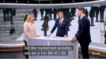 Elisabeth Thand Ringqvist (C) och Johan Forssell (M) debatterade i SVT Aktuellt. Foto: Skärmavbild/SVT