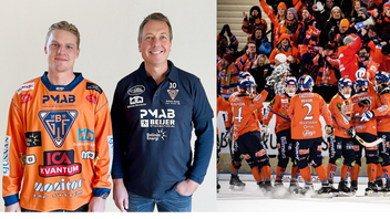 Erik Pettersson tillsammans med Joakim ”Bagar’n” Olsson, styrelseledamot i Bollnäs. Foto: Bollnäs Bandy/Ulf Palm/TT