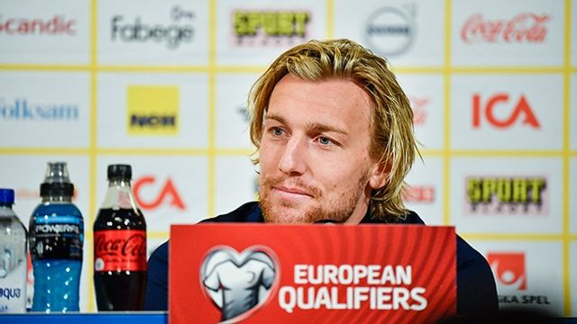 Emil Forsberg under herrlandslagets pressträff på Friends Arena inför tisdagens VM-kvalmatch mot Grekland. Foto: Pontus Lundahl/TT