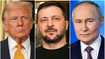 Kombinationsfoto med från vänster USA:s president Donald Trump, Ukrainas Volodymyr Zelenskyj i Elyséepalatset 7 december 2024 och Rysslands president Vladimir Putin i Moskva 21 februari 2025. Foto: AP Photo/Aurelien Morissard och Pavel Bednjakov