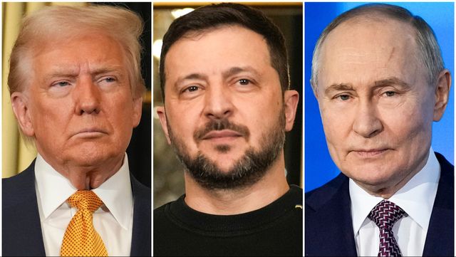 Kombinationsfoto med från vänster USA:s president Donald Trump, Ukrainas Volodymyr Zelenskyj i Elyséepalatset 7 december 2024 och Rysslands president Vladimir Putin i Moskva 21 februari 2025. Foto: AP Photo/Aurelien Morissard och Pavel Bednjakov
