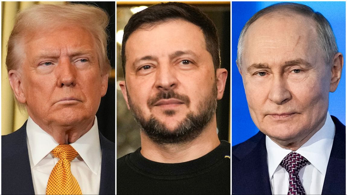 Kombinationsfoto med från vänster USA:s president Donald Trump, Ukrainas Volodymyr Zelenskyj i Elyséepalatset 7 december 2024 och Rysslands president Vladimir Putin i Moskva 21 februari 2025. Foto: AP Photo/Aurelien Morissard och Pavel Bednjakov