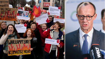 Demonstranter vid en klimatprotest till vänster och CDU-ledaren Friedrich Merz till höger, som nu ställer 551 frågor om finansieringen av organisationer som deltog i demonstrationer mot högerpartier i Tyskland. Foto: Ebrahim Noroozi/Oliver Berg/AP/TT