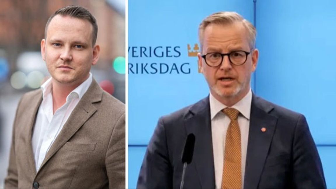 Philip Syrén, slöseriombudsmannen och Mikael Damberg (S). Foto: Skattebetalarnas förening/Skärmavbild: Socialdemokraterna/Riksdagen 