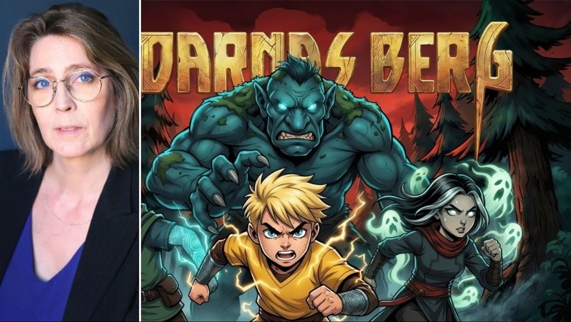 Josefine Engström, ordförande för Svenska Tecknare och bild på Gudarnas berg. Foto: Jenny Gustafsson/pressbild och skrämbild från SVT.