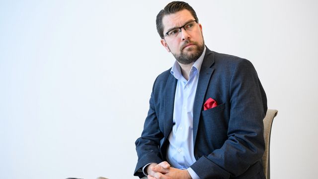 Intervju med Sverigedemokraternas partiledare Jimmie Åkesson under partiets kommun- och regionkonferens i Karlstad. Foto: Tommy Pedersen / TT