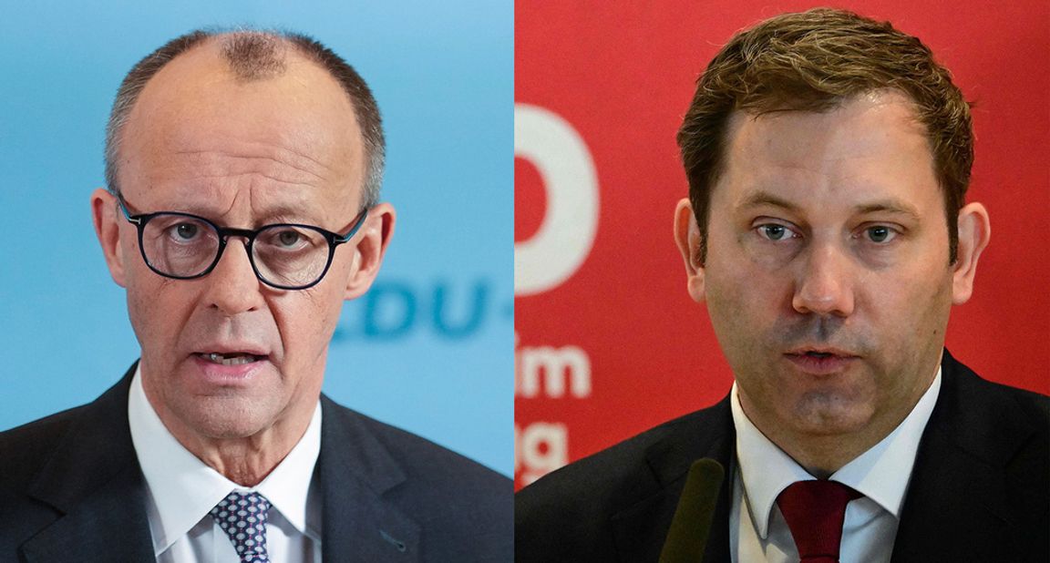 CDU-ledaren Friedrich Merz och SPD-ledaren Lars Klingbeil inleder i dag första samtal i Berlin om en möjlig regeringsbildning. Foto: AP/AFP/TT