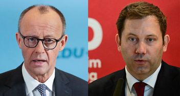 CDU-ledaren Friedrich Merz och SPD-ledaren Lars Klingbeil inleder i dag första samtal i Berlin om en möjlig regeringsbildning. Foto: AP/AFP/TT