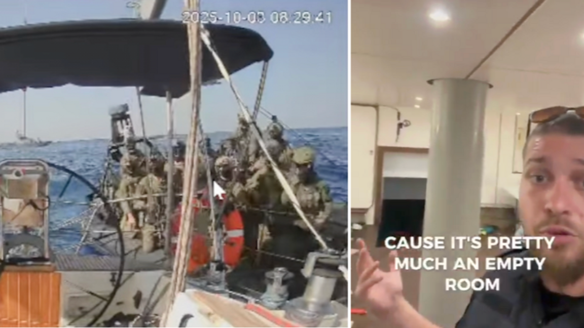 Till vänster: Segelbåten ”Marinette” från Global Sumud-flottiljen som bordades av israeliska marinsoldater på fredagen. Till höger: Den israeliska polistalespersonen Dean Elsdunne som visar vad enligt honom är ”den tomma insidan” av ett av flottiljens fartyg. Foto: Global Sumud Flotilla via AP/skärmdump via X