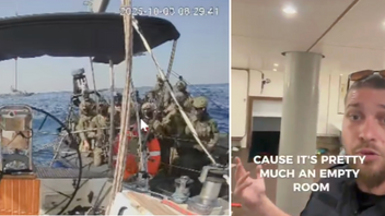 Till vänster: Segelbåten ”Marinette” från Global Sumud-flottiljen som bordades av israeliska marinsoldater på fredagen. Till höger: Den israeliska polistalespersonen Dean Elsdunne som visar vad enligt honom är ”den tomma insidan” av ett av flottiljens fartyg. Foto: Global Sumud Flotilla via AP/skärmdump via X