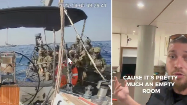 Till vänster: Segelbåten ”Marinette” från Global Sumud-flottiljen som bordades av israeliska marinsoldater på fredagen. Till höger: Den israeliska polistalespersonen Dean Elsdunne som visar vad enligt honom är ”den tomma insidan” av ett av flottiljens fartyg. Foto: Global Sumud Flotilla via AP/skärmdump via X