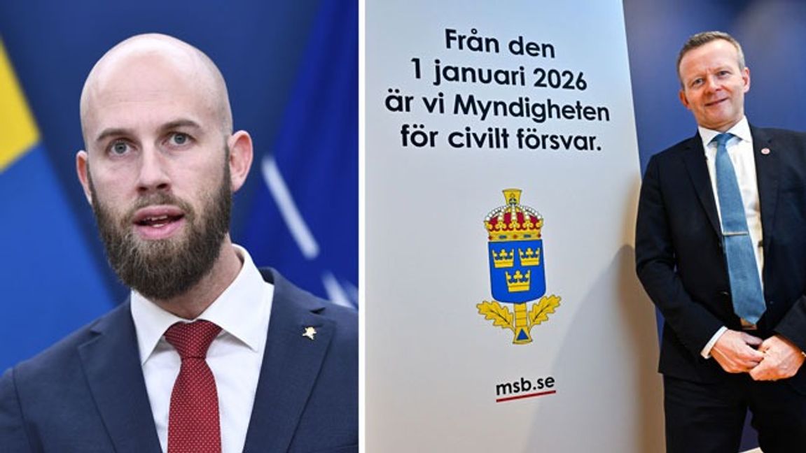 Carl-Oskar Bohlin (M), minister för civilt försvar, och generaldirektör Mikael Frisell. Från årsskiftet heter myndigheten Myndigheten för civilt försvar. Foto: Lars Schröder/TT/Jonas Ekströmer/TT