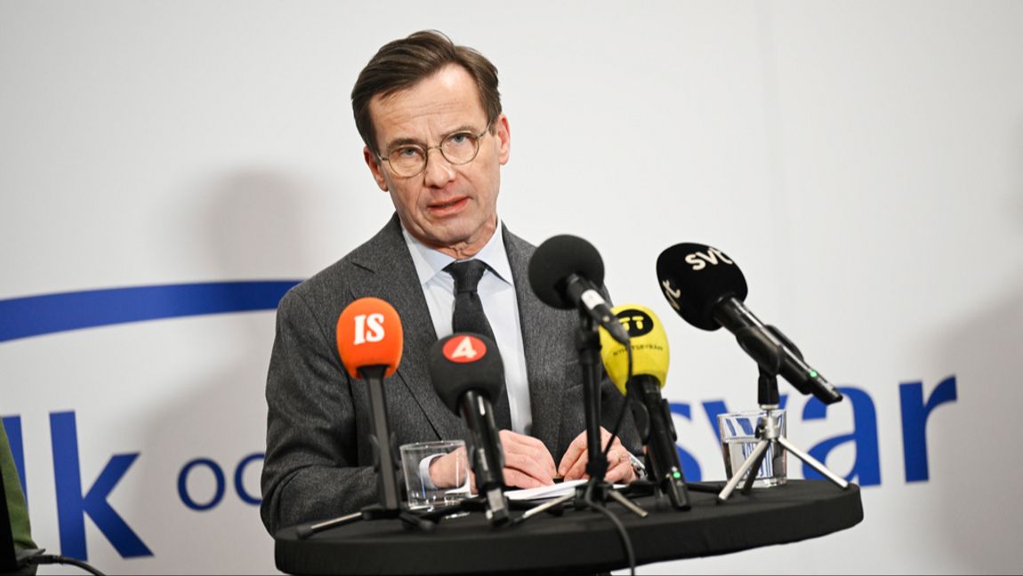 Statsminister Ulf Kristersson (M) vid en pressträff på Folk och försvars rikskonferens i Sälen. Foto: Pontus Lundahl/TT