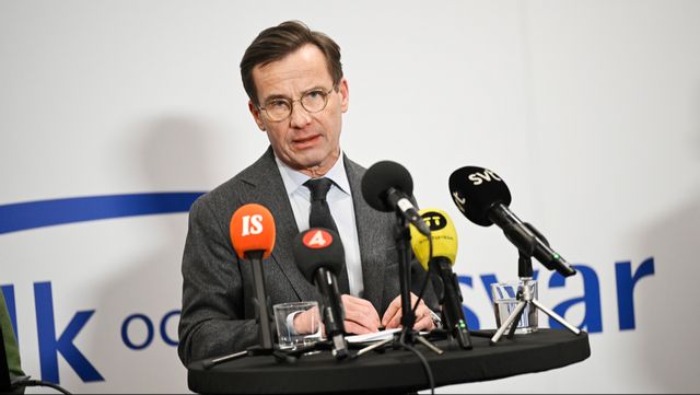 Statsminister Ulf Kristersson (M) vid en pressträff på Folk och försvars rikskonferens i Sälen. Foto: Pontus Lundahl/TT