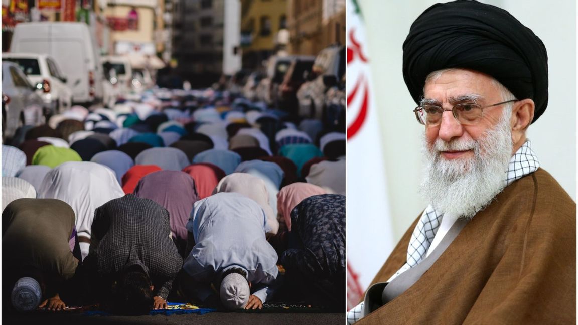 Studenter sörjde ayatollah Khameneis död i England. Foto: Levi Clancy, Public Domain/khamenei.ir, CC BY 4.0/Wikimedia Commons