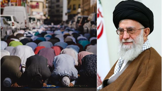 Studenter sörjde ayatollah Khameneis död i England. Foto: Levi Clancy, Public Domain/khamenei.ir, CC BY 4.0/Wikimedia Commons