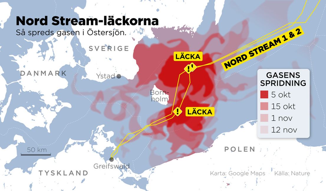Så spreds gasen i Östersjön efter Nord Stream-läckorna. Anders Humlebo/TT