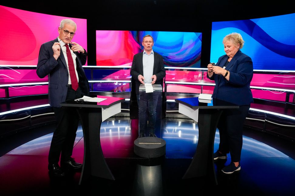Jonas Gahr Støre och Erna Solberg i en tv-debatt tidigare i veckan. Javad Parsa/NTB/TT