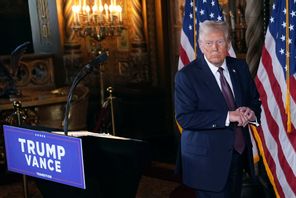 Donald Trump under tisdagens pressträff på Floridaresidenset Mar-a-Lago. Foto: Evan Vucci/AP/TT