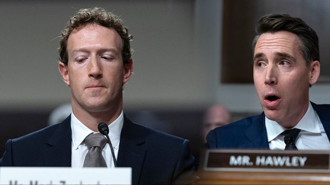 Metas vd Mark Zuckerberg blir utfrågad och utskälld i senatsförhör av senatorn Josh Hawley (R). Det är svårt att tänka sig något liknande i Riksdagen, skriver Ronie Berggren. Foto: Jose Luis Magana/AP