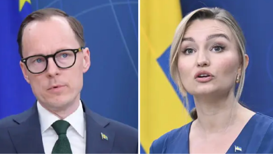 Arbetsmarknads- och integritetsminister Mats Persson (M) och energi- och näringsminister Ebba Busch (KD) stärker stödet efter Northvolts kollaps. Foto: Lars Schröder/Jessica Gow/TT