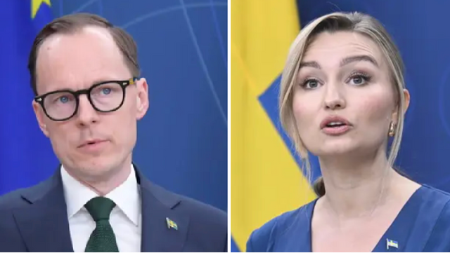 Arbetsmarknads- och integritetsminister Mats Persson (M) och energi- och näringsminister Ebba Busch (KD) stärker stödet efter Northvolts kollaps. Foto: Lars Schröder/Jessica Gow/TT