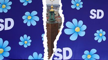 Sprickan i Sverigedemokraterna Stockholm kan sprida sig till ett riksproblem. Foto: Adam Ihse/TT (SD-väggen) och Fredrik Sandberg/TT (Stockholms stadshus)