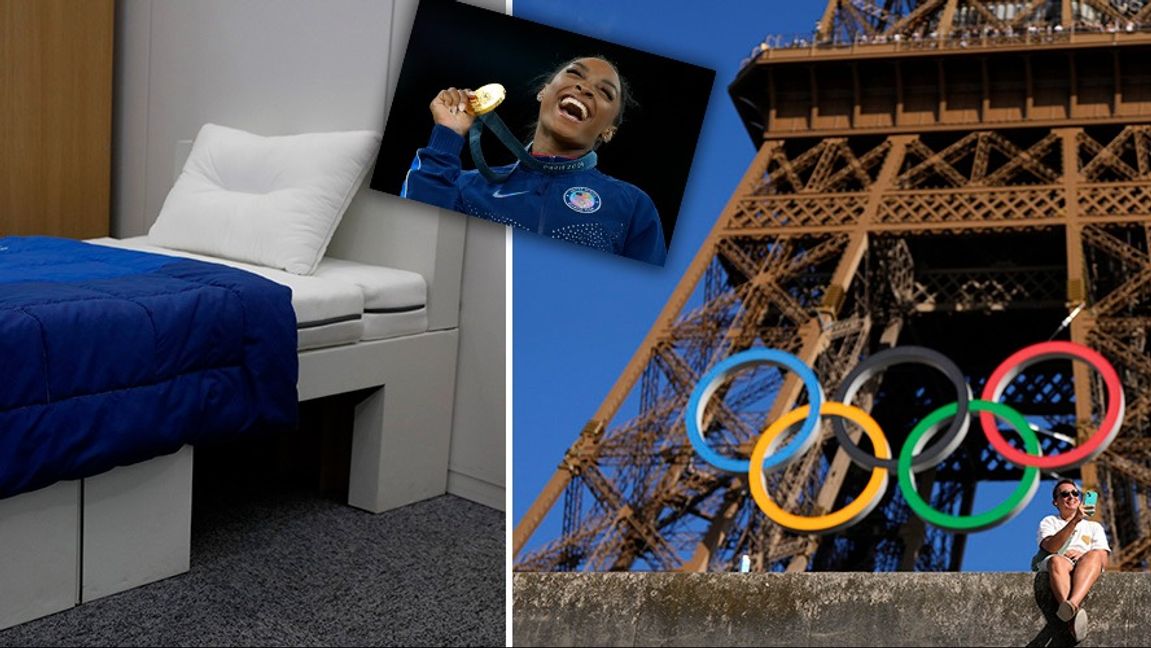 Simone Biles är en av dem som sågat kartongsängarna under OS i Paris. Till vänster: Bild på kartongsäng från OS i Tokyo 2021. Foto: Francisco Seco/Jae C. Hong/Charlie Riedel/AP/TT