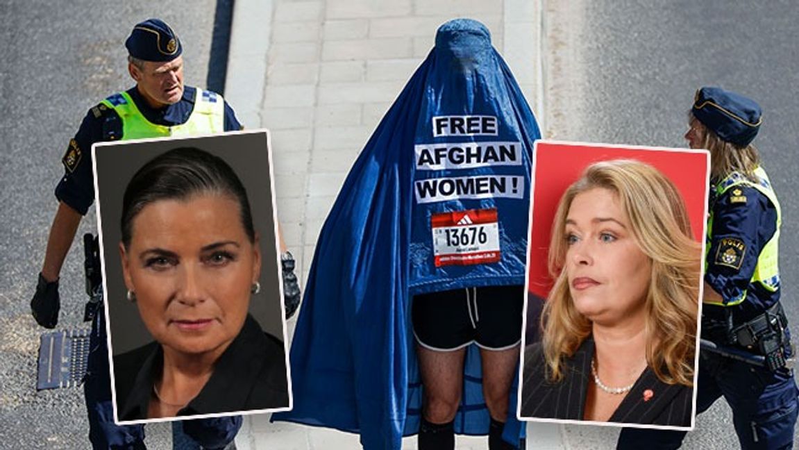 Förgrund: Caroline Thelning och Annika Strandhäll. Bild: Privat/Mikaela Landeström/TT. Bakgrund: Löparen Joma Lomani hindras av polis från att springa Stockholm Marathon iförd burka. Bild: Foto: Christine Olsson/TT