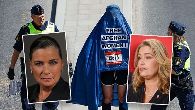 Förgrund: Caroline Thelning och Annika Strandhäll. Bild: Privat/Mikaela Landeström/TT. Bakgrund: Löparen Joma Lomani hindras av polis från att springa Stockholm Marathon iförd burka. Bild: Foto: Christine Olsson/TT